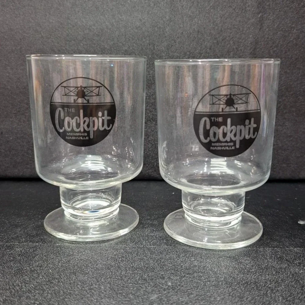 Cockpit Ale Beer Clear Pedestal Glasses, Set‎ of 2, Vintage Memphis Memorabilia